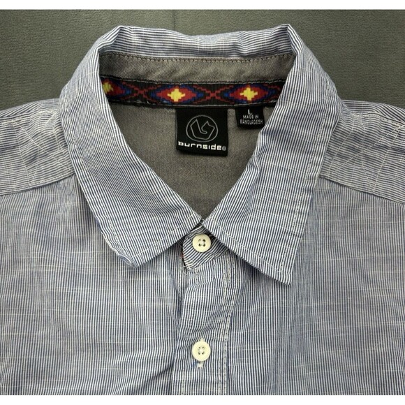 Burnside Shirt Mens Large Blue Striped Long Sleeve Button Up Pocket STAIN - Picture 2 of 10